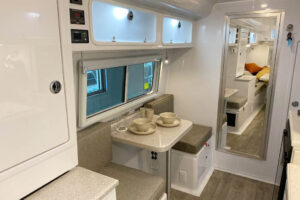 side dinette table bathroom mirror and food pantry