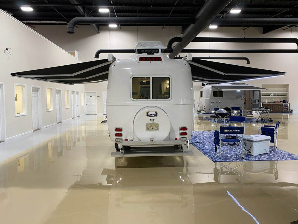 camper trailer rear view two awnings